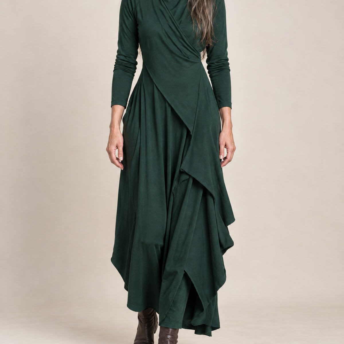 Sylvana Draped Turtleneck Maxi Dress in Green