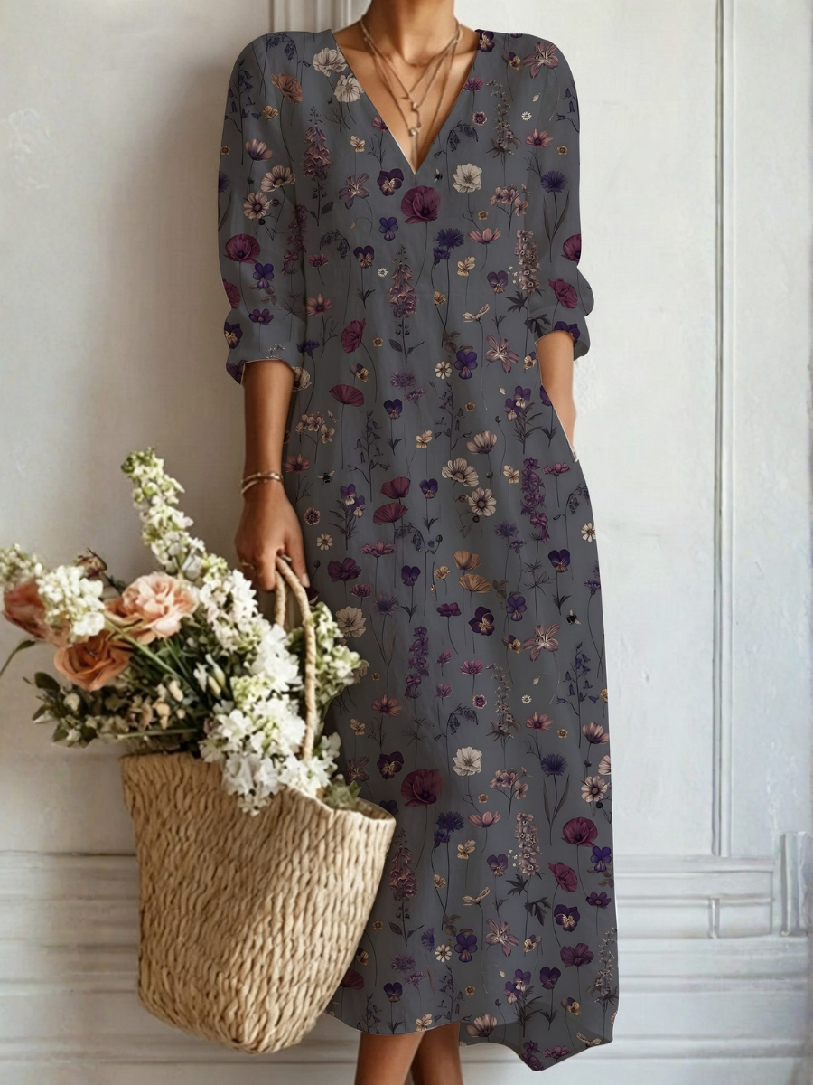 Billie — Charcoal Ditsy Floral V-Neck Boho Maxi Dress