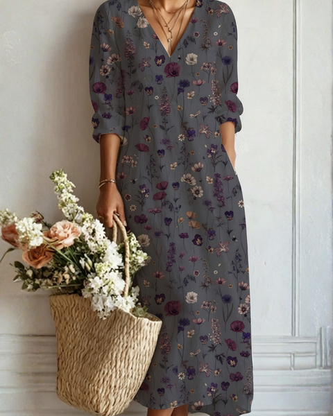 Billie — Charcoal Ditsy Floral V-Neck Boho Maxi Dress