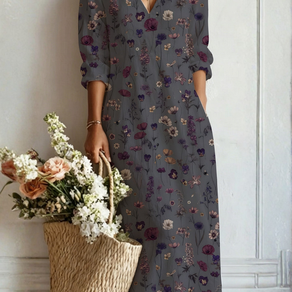 Billie — Charcoal Ditsy Floral V-Neck Boho Maxi Dress