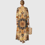 Cheyenne — Golden Mandala Sunburst V-Neck Boho Maxi Dress