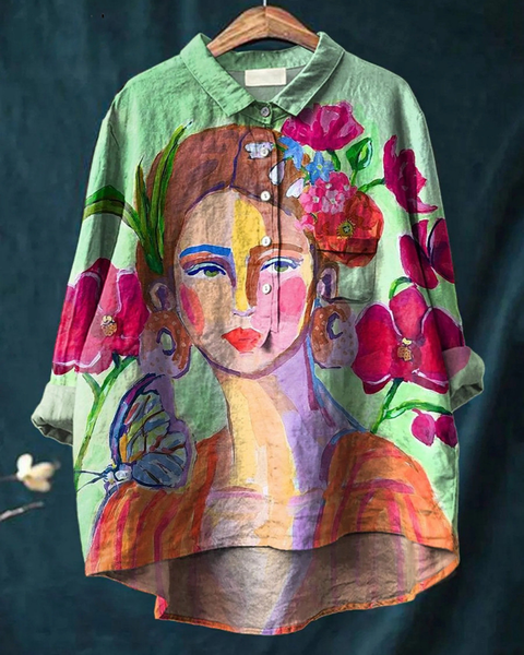 Francisca — Painted Portrait Print Button-Up Blouse
