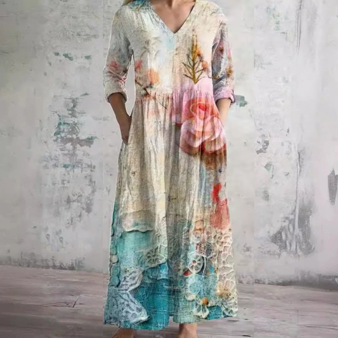 Rosalba — Pastel Rose Print V-Neck Maxi Dress