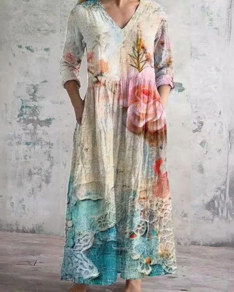 Rosalba — Pastel Rose Print V-Neck Maxi Dress