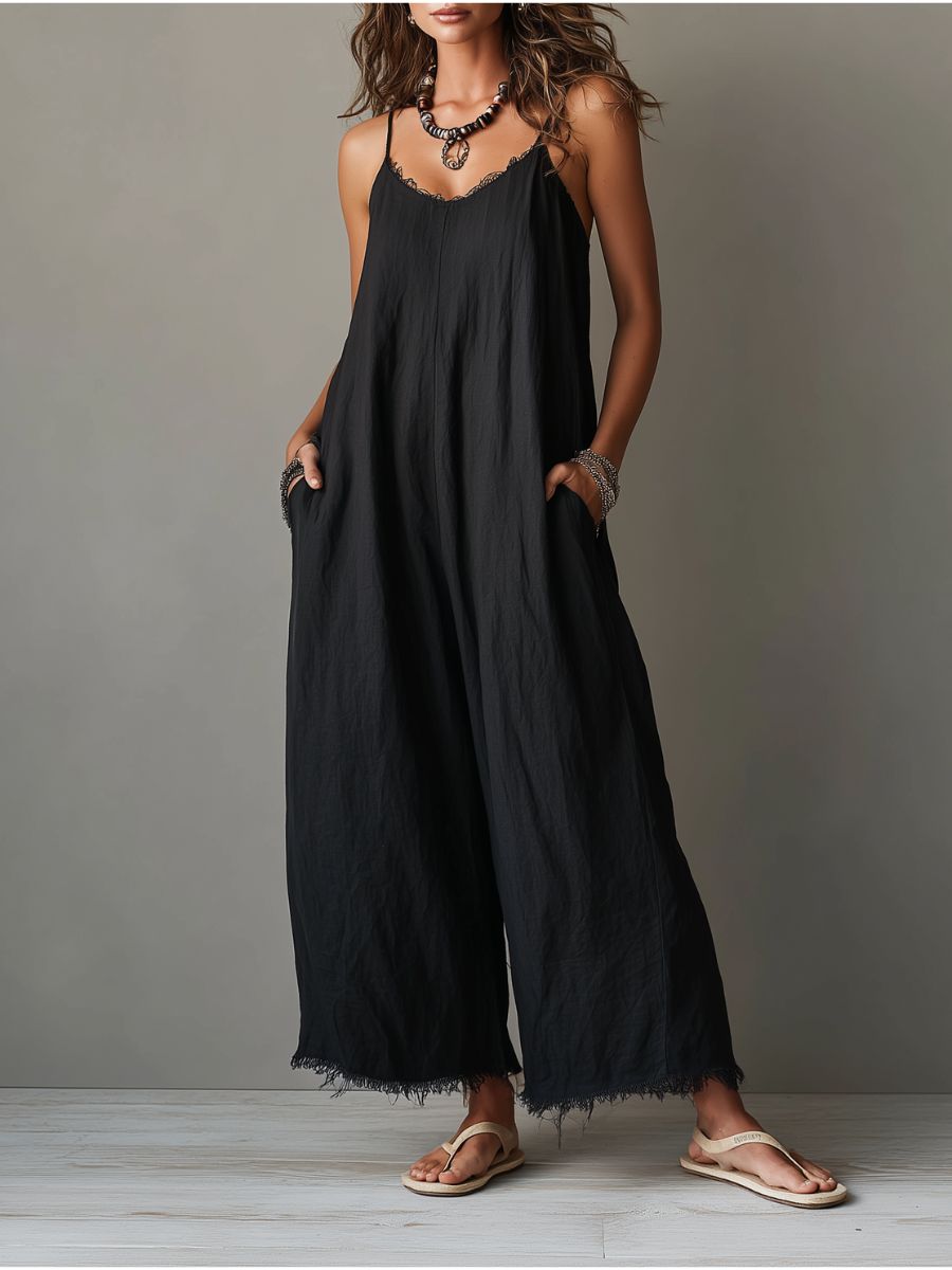 Bronagh — Black Relaxed Wide-Leg Jumpsuit with Pockets
