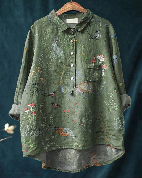 Melisende — Woodland Mushroom Print Button-Up Blouse