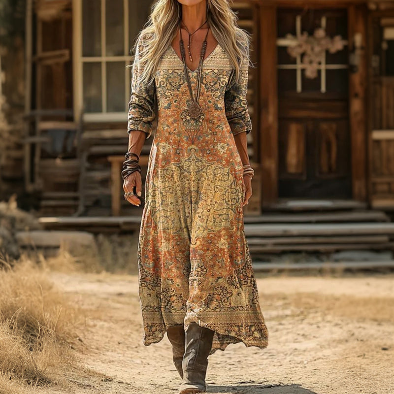 Zenaida — Golden Tan Folk-Print Boho Maxi Dress