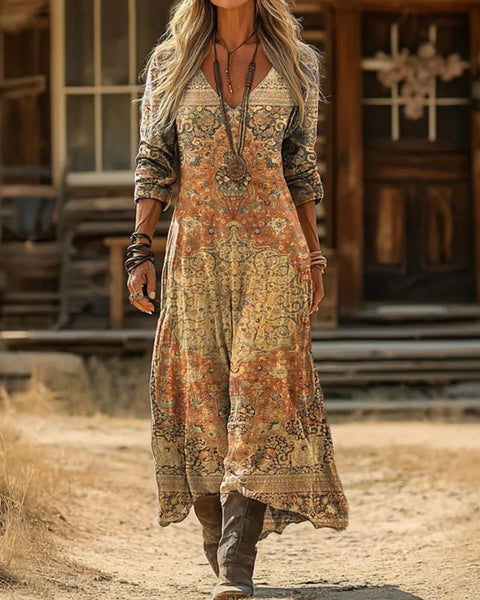 Zenaida — Golden Tan Folk-Print Boho Maxi Dress