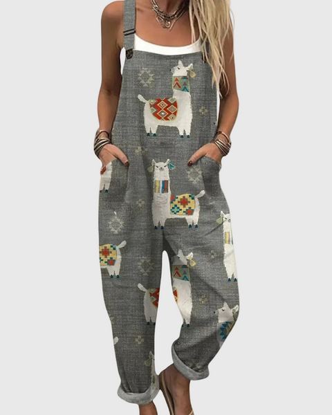 Cecily — Charcoal Llama Print Overalls
