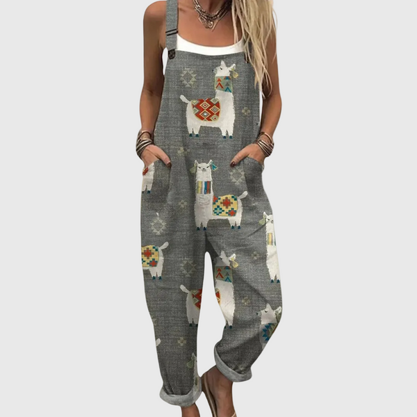 Cecily — Charcoal Llama Print Overalls