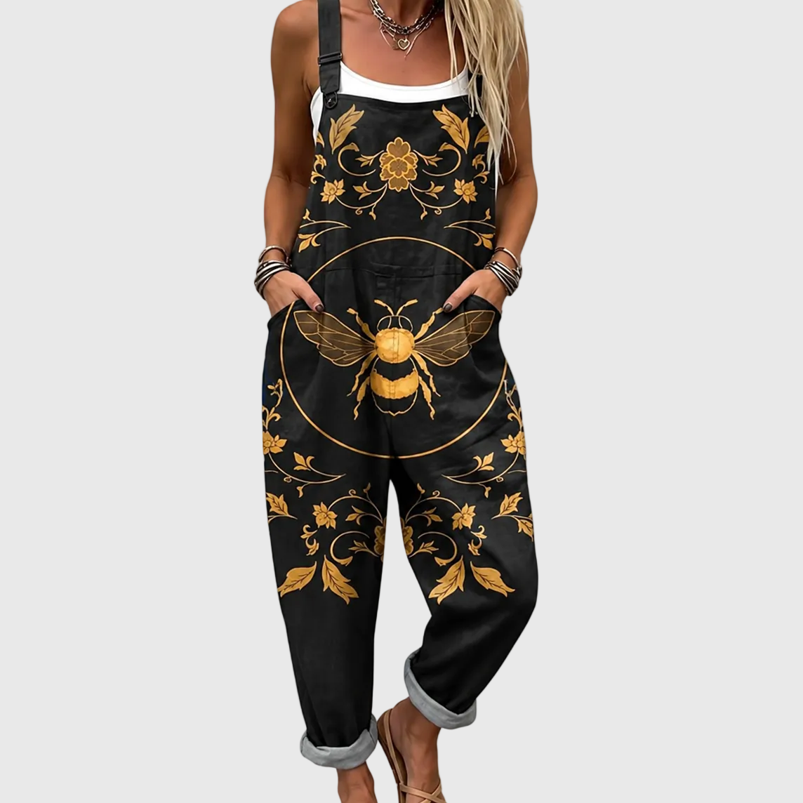 Sunny — Black and Gold Bee Print Overalls