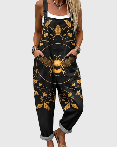 Sunny — Black and Gold Bee Print Overalls