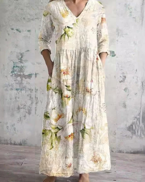 Sunita — Ivory Lily Print V-Neck Maxi Dress