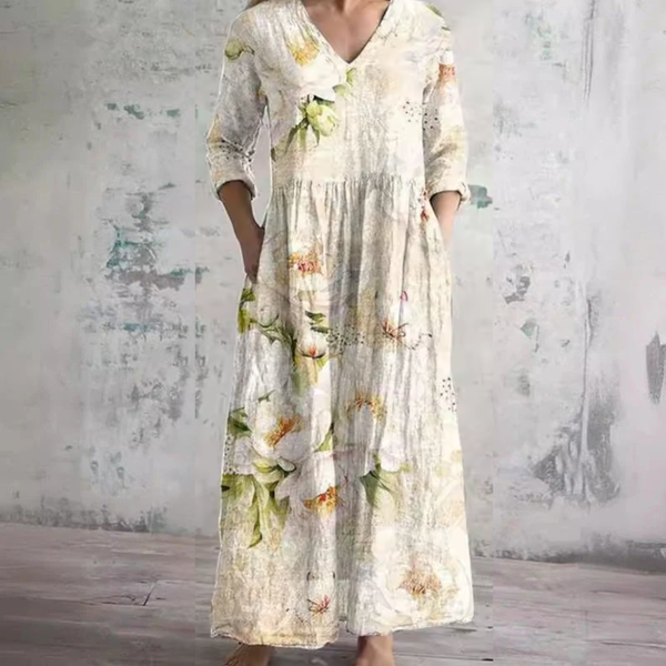 Sunita — Ivory Lily Print V-Neck Maxi Dress