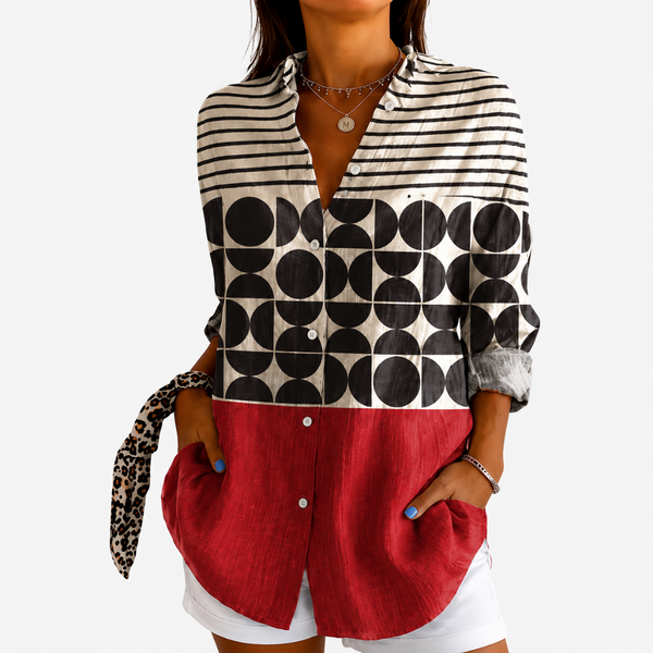 Letícia — Blusa Geométrica Preto, Branco e Vermelho
