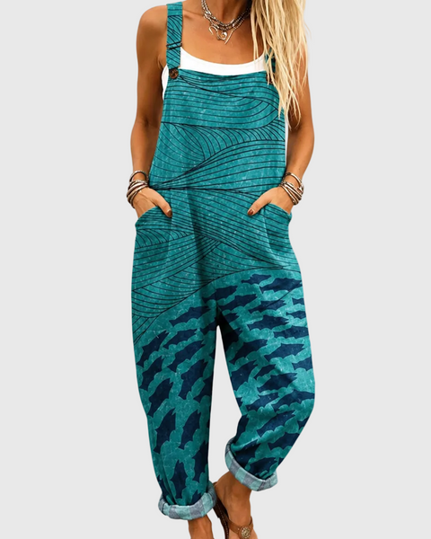Gertie — Teal Wave Print Overalls