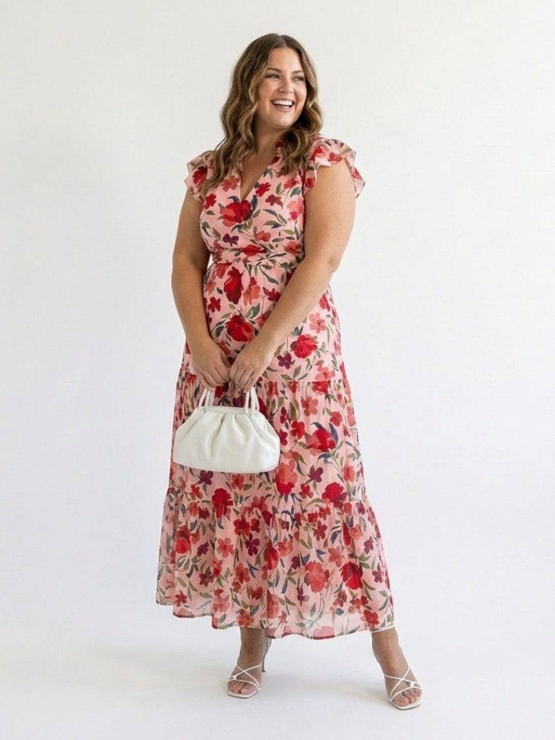 Kerttu — Floral V-Neck Tiered Midi Dress with Flutter Sleeves