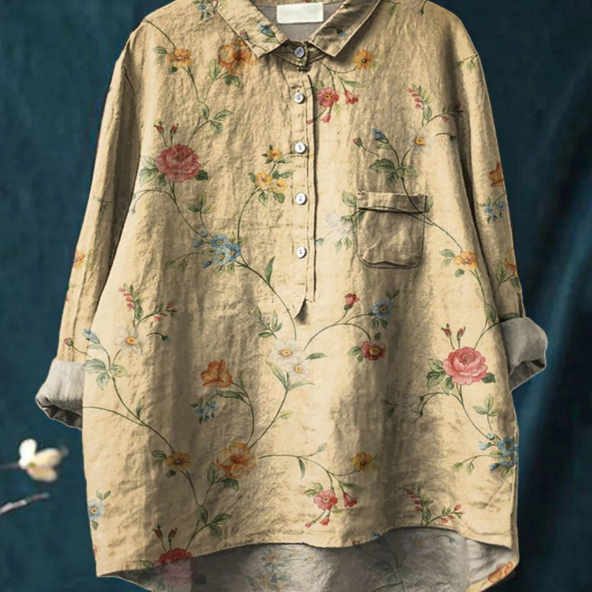 Gundula — Beige Rose Sprig Print Button-Up Blouse