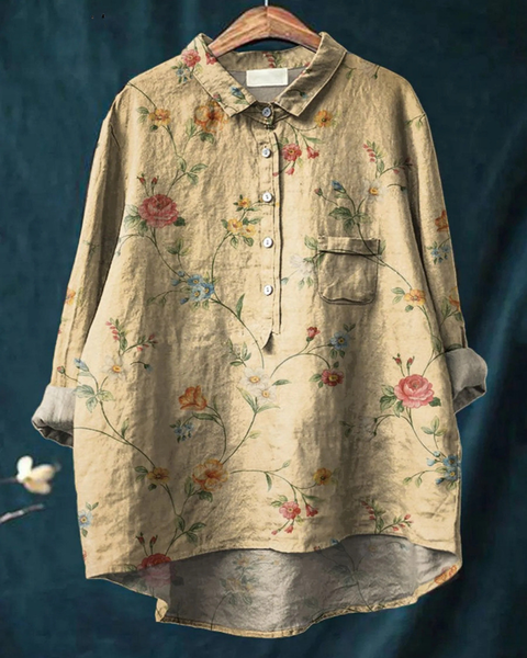 Gundula — Beige Rose Sprig Print Button-Up Blouse