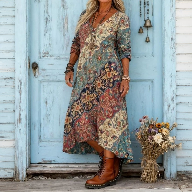 Ludmila — Red and Rust Patchwork-Print Boho Maxi Dress