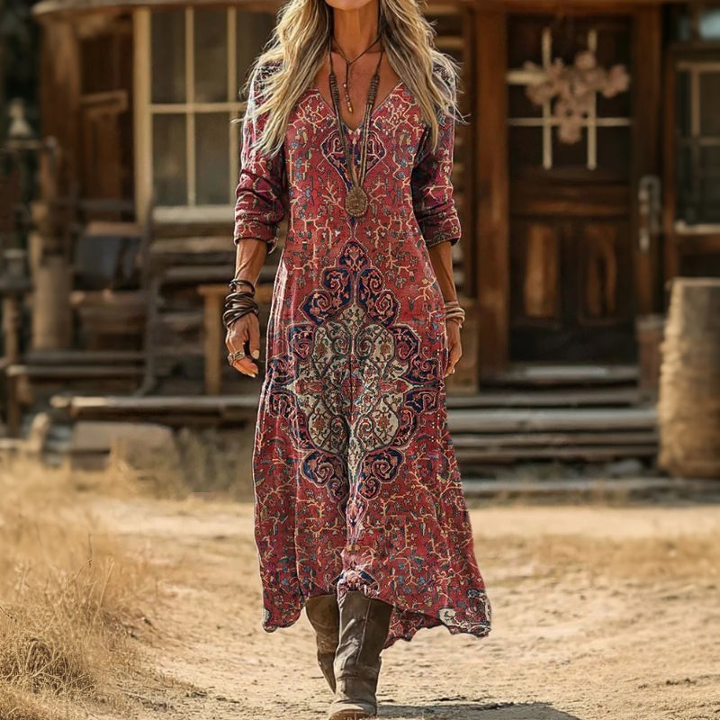 Magdalena — Berry Boho-Print Boho Maxi Dress