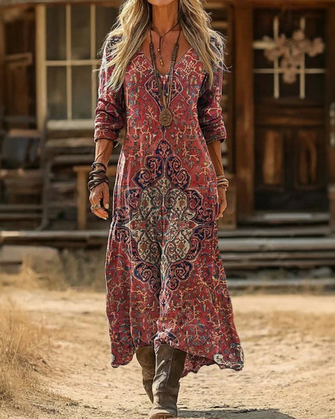 Magdalena — Berry Boho-Print Boho Maxi Dress