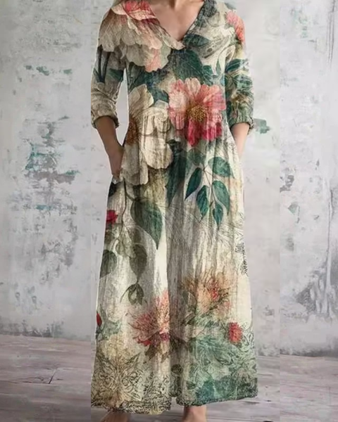 Kerstin — Vintage Garden Print V-Neck Maxi Dress