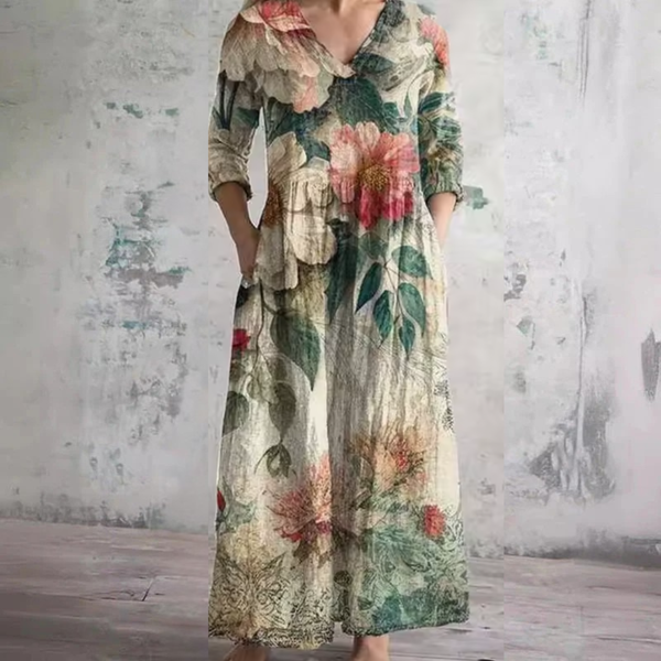 Kerstin — Vintage Garden Print V-Neck Maxi Dress