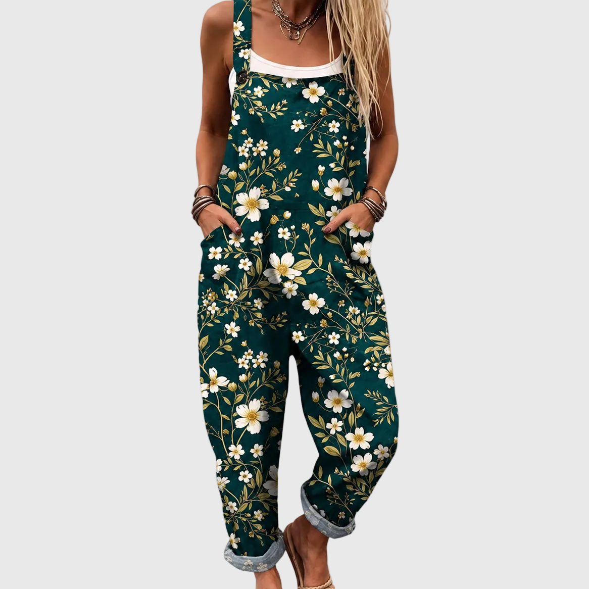 Imogen — Emerald Floral Print Overalls