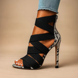 Tomoko — Strappy Elastic Stiletto Sandals with Snake-Print Heel Back