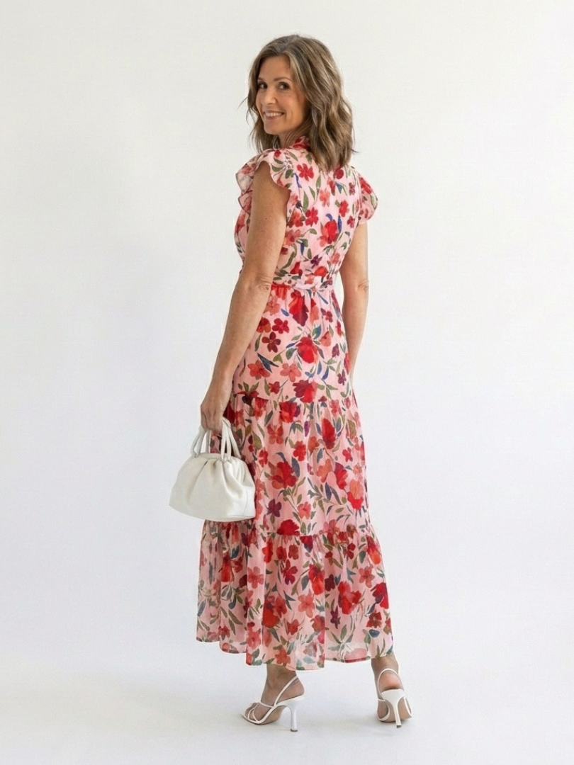 Kerttu — Floral V-Neck Tiered Midi Dress with Flutter Sleeves
