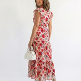 Kerttu — Floral V-Neck Tiered Midi Dress with Flutter Sleeves