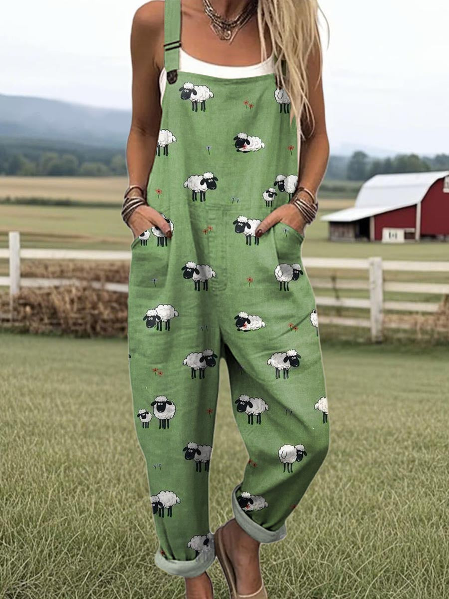 Modesta — Green Sheep Print Overalls