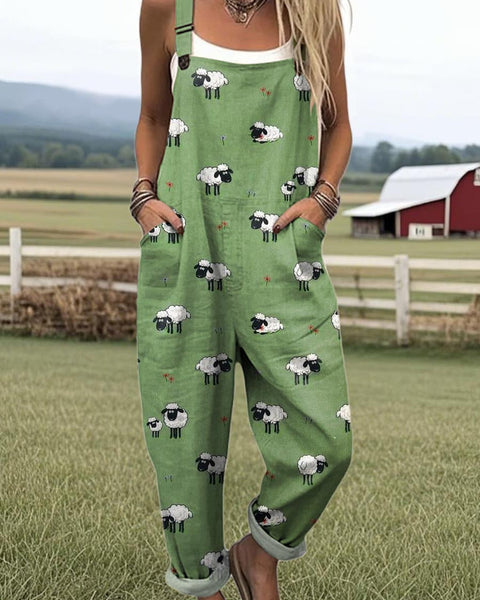 Modesta — Green Sheep Print Overalls