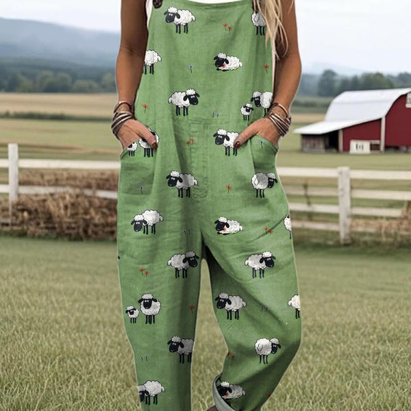 Modesta — Green Sheep Print Overalls