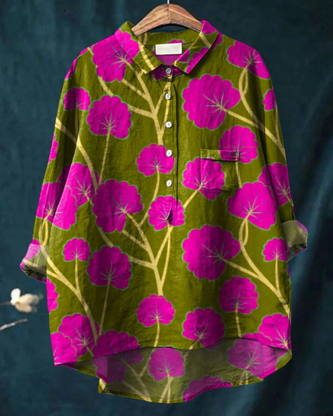 Juliane — Pink Poppy on Olive Print Button-Up Blouse