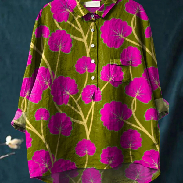 Juliane — Pink Poppy on Olive Print Button-Up Blouse