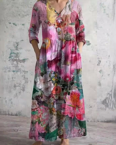 Nanna — Painterly Bloom Print V-Neck Maxi Dress