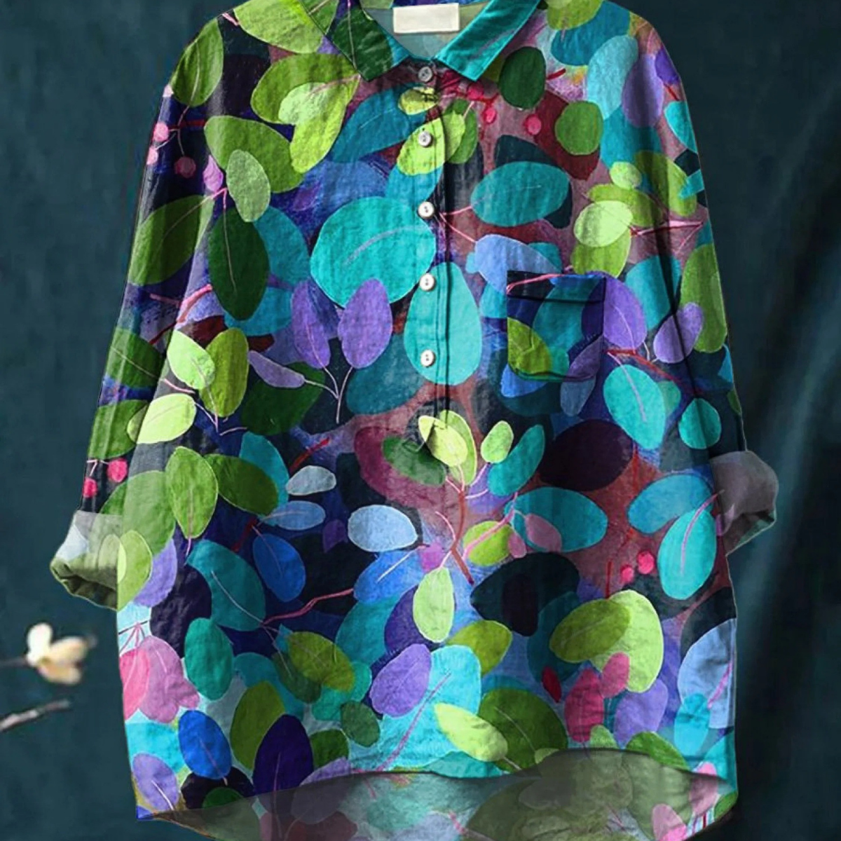 Aglaia — Teal and Lime Leaf Print Button-Up Blouse
