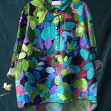 Aglaia — Teal and Lime Leaf Print Button-Up Blouse