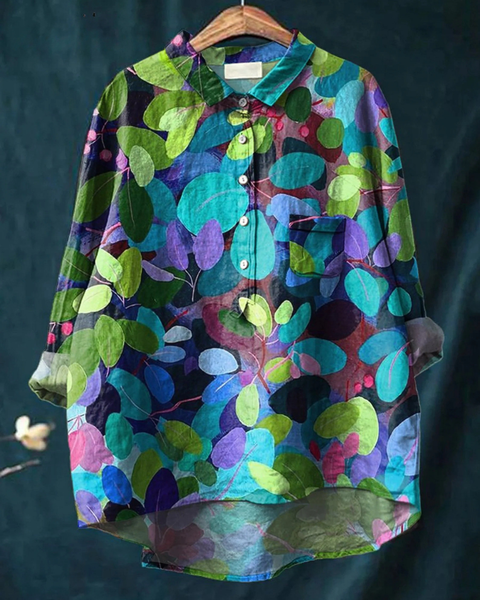 Aglaia — Teal and Lime Leaf Print Button-Up Blouse