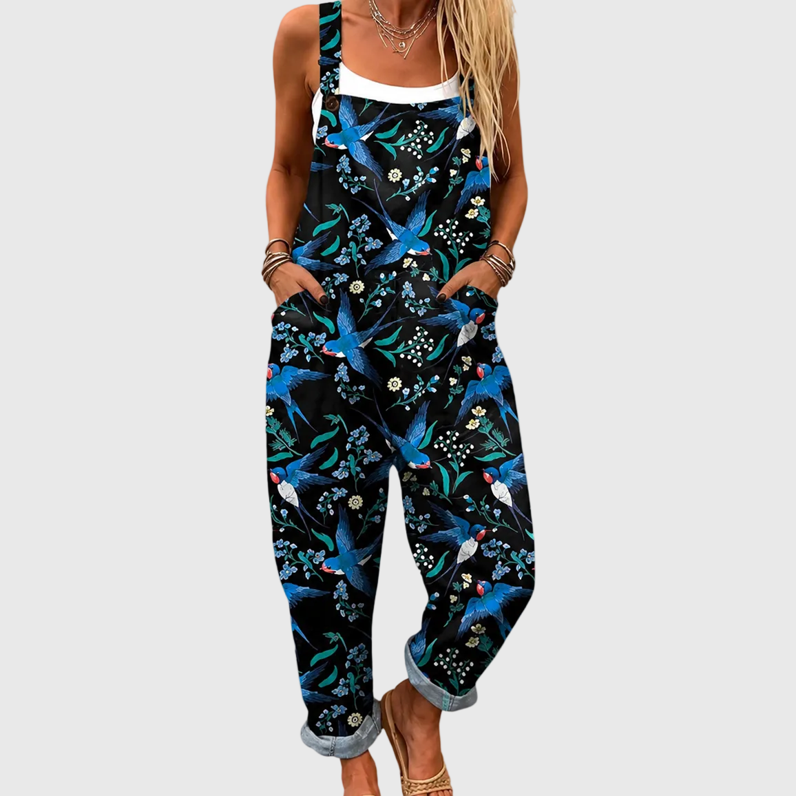 Dottie — Navy Swallow Print Overalls