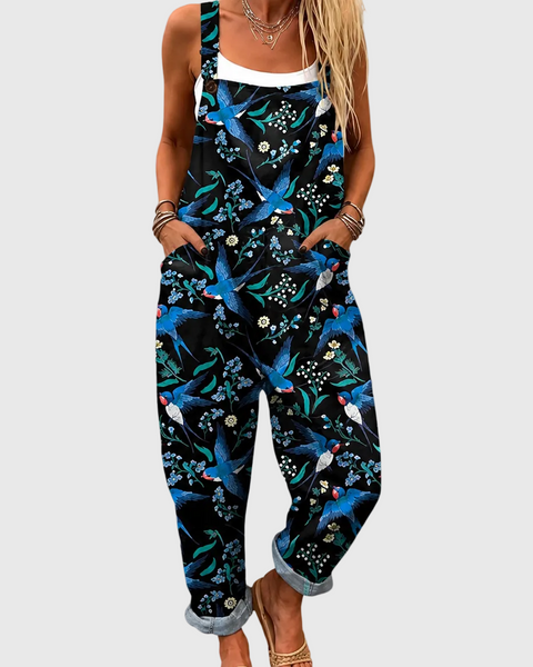 Dottie — Navy Swallow Print Overalls
