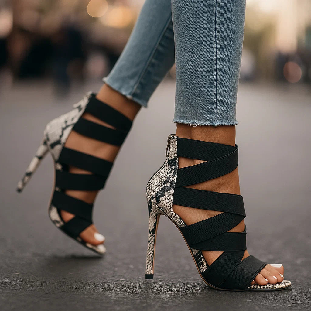 Tomoko — Strappy Elastic Stiletto Sandals with Snake-Print Heel Back
