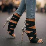Tomoko — Strappy Elastic Stiletto Sandals with Snake-Print Heel Back