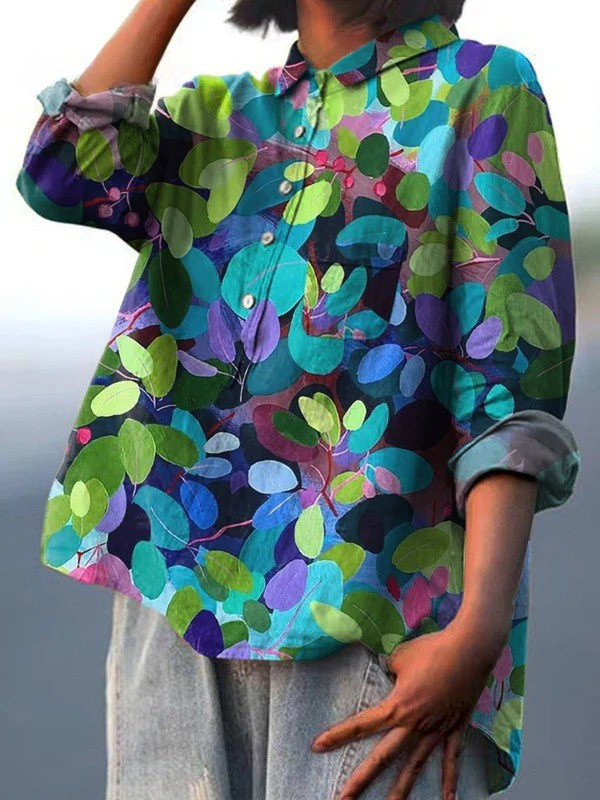Aglaia — Teal and Lime Leaf Print Button-Up Blouse