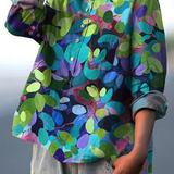 Aglaia — Teal and Lime Leaf Print Button-Up Blouse