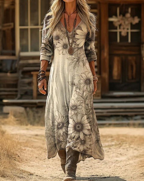 Fabrizia — Ivory Sunburst-Print Boho Maxi Dress