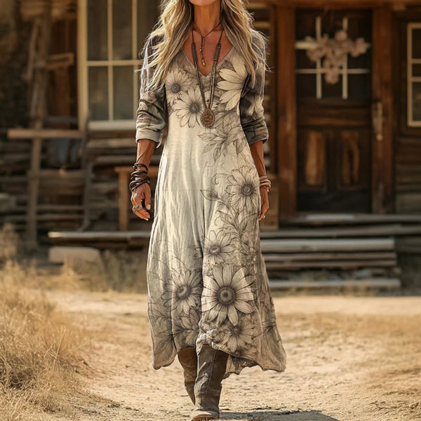 Fabrizia — Ivory Sunburst-Print Boho Maxi Dress