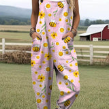 Eustacia — Pink Daisy and Bee Print Overalls